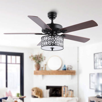 Paolo 52" Farmhouse Industrial Iron Scroll Drum Shade LED Ceiling Fan With Remote - JONATHAN Y